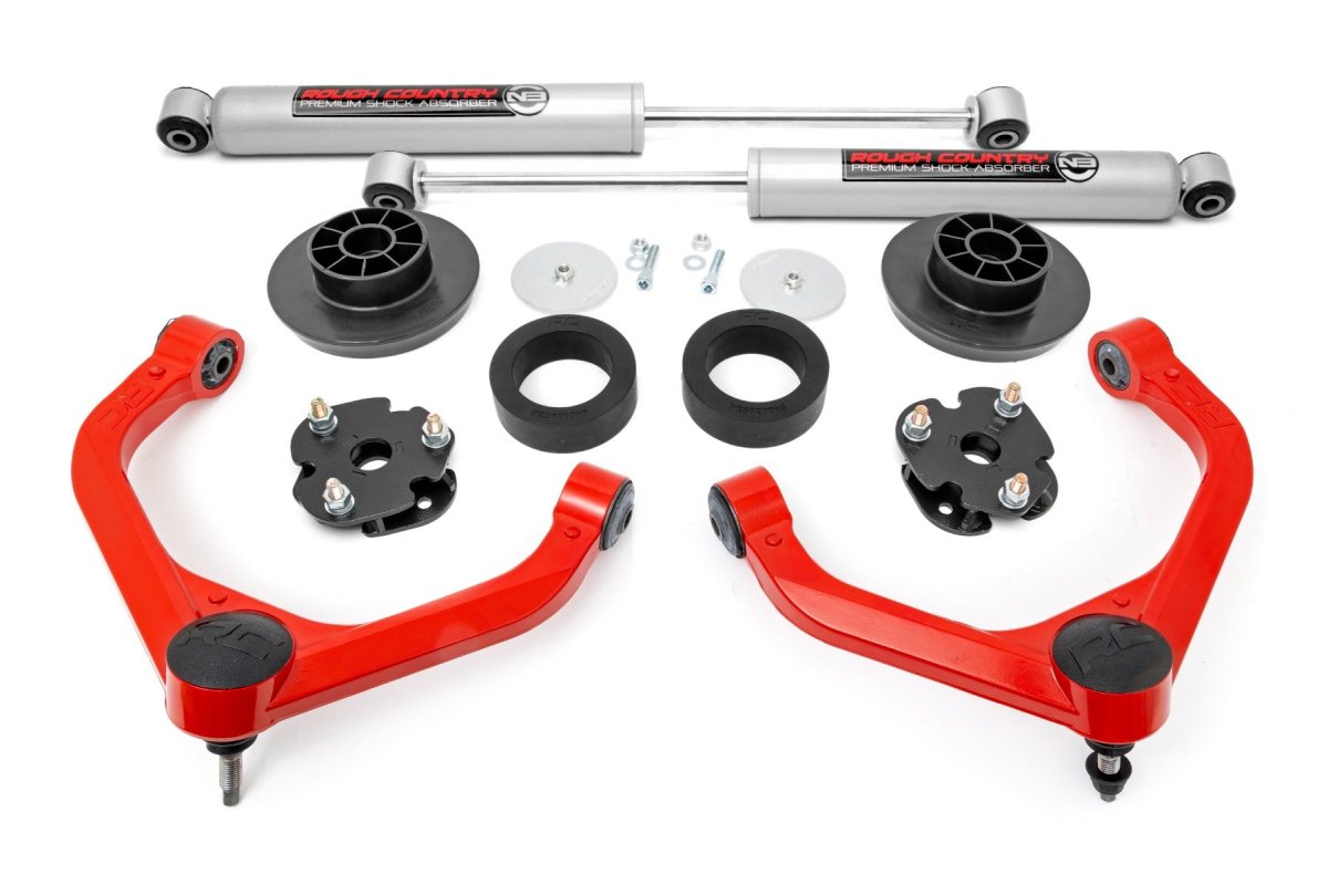 Ram 1500 Suspension Lift Kit - Rough Country - 3-Inch N3 with Premium Upper Control Arms - Red - '12-'18